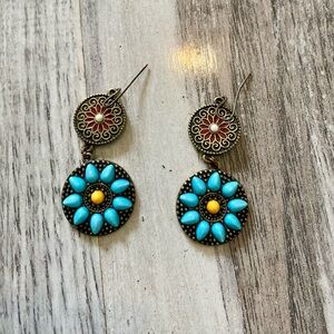 Turquoise gold floral boho dangle earrings